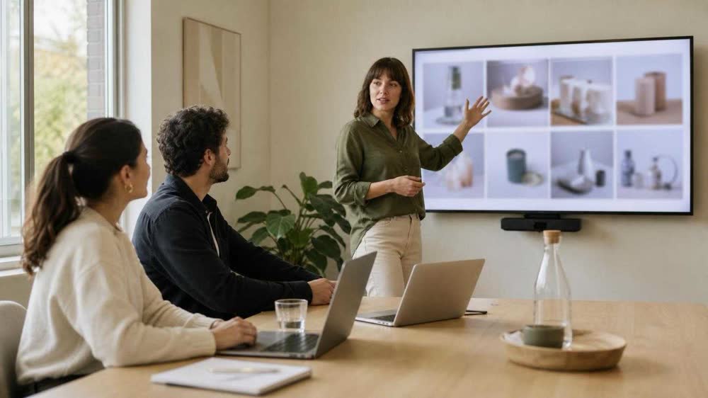 Three colleagues in a bright meeting room. One stands beside a wall screen showing a grid of product photographs, gesturing towards it, while two sit at a pale wood table with open laptops