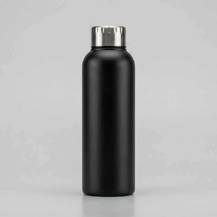 A matte black insulated water bottle with a brushed steel cap, centred on a plain light grey studio background