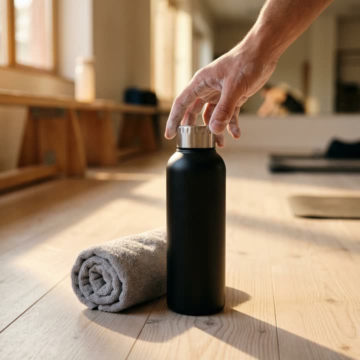 The same bottle on a pale wooden gym floor beside a rolled towel, with a chalked hand reaching for it in low morning light