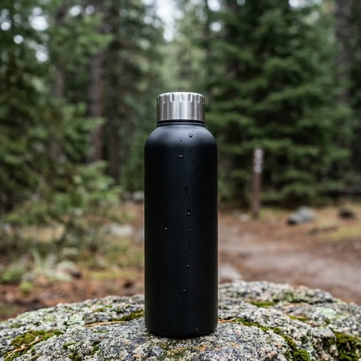 The same bottle on a mossy granite rock at a forest trailhead in cool overcast light, with water drops on its surface