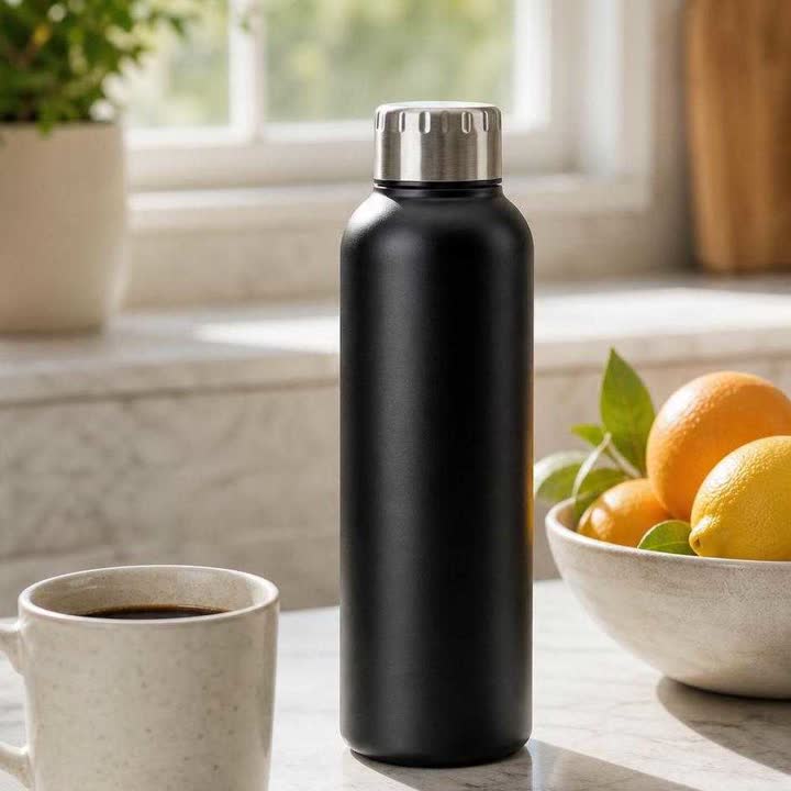 The same bottle on a marble kitchen counter in morning light beside a ceramic coffee cup and a bowl of citrus fruit