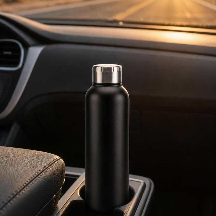 The same bottle in a car cup holder with a sunlit desert highway blurred through the windscreen