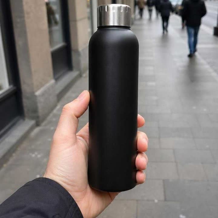 A hand holding the same bottle up on a city pavement with blurred shopfronts and passers-by behind