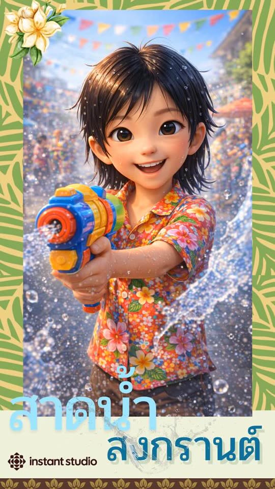 Songkran festival campaign poster: a stylised child firing a water gun amid splashes, with Thai lettering and Instant Studio branding