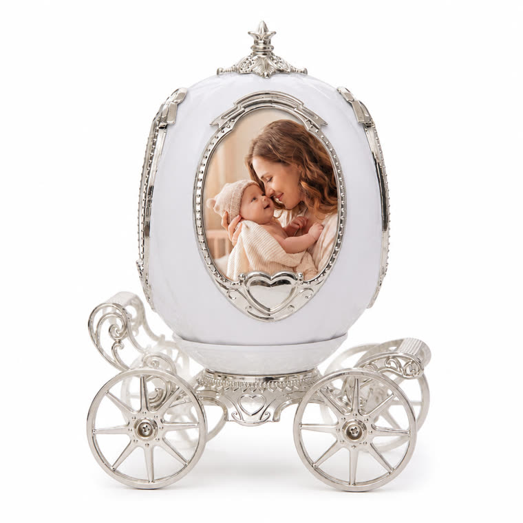 Product listing photo of a white carriage-shaped music box with a mother-and-newborn photo in its oval frame, on a plain white background