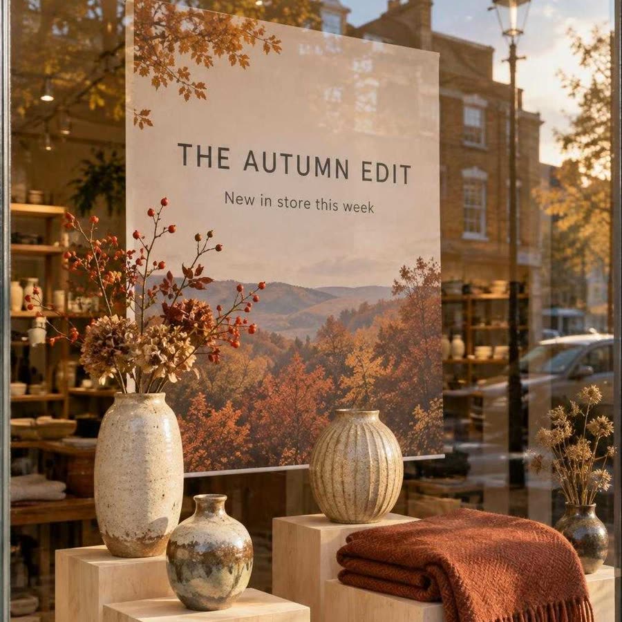 Shop window with a poster reading THE AUTUMN EDIT, New in store this week, above ceramic vases and a rust wool throw