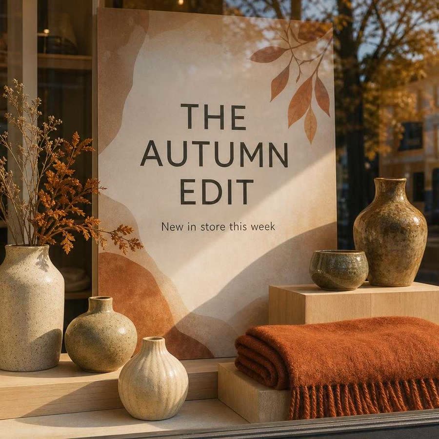 Shop window with a cream poster reading THE AUTUMN EDIT in large capitals behind stoneware vases