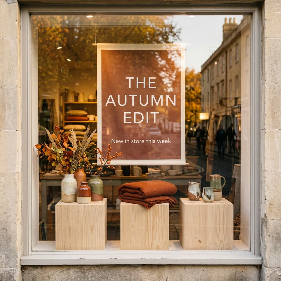 Stone shopfront with a terracotta poster reading THE AUTUMN EDIT above three wooden plinths