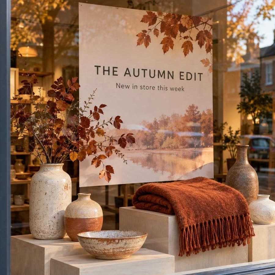 Shop window with an autumn landscape poster reading THE AUTUMN EDIT above vases and a folded throw