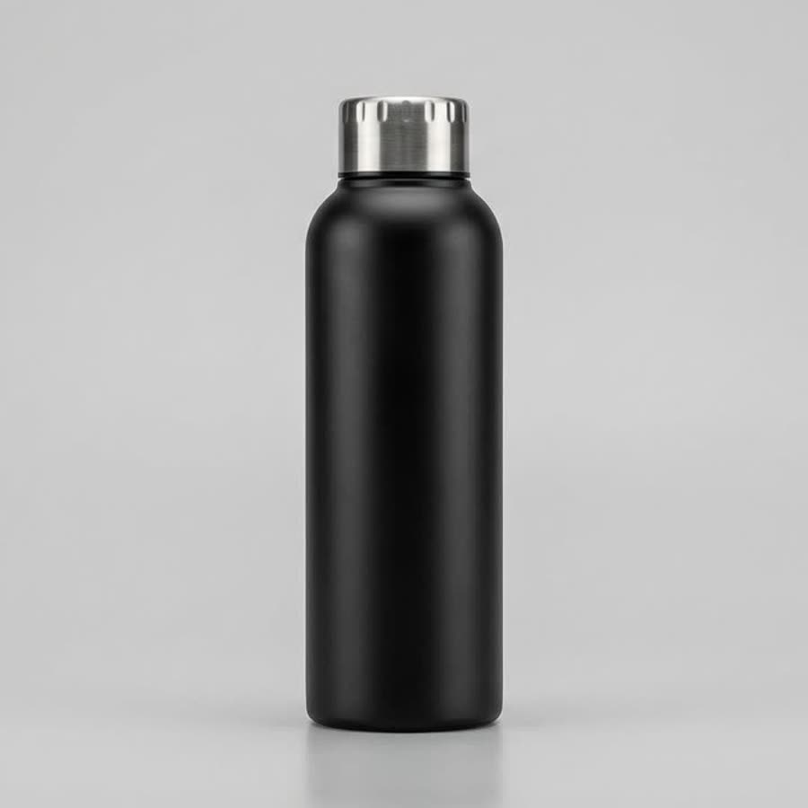 Studio packshot of a matte black bottle with a brushed steel cap on a pale grey background
