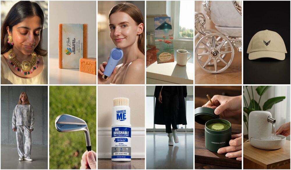 Twelve vertical product video ads from the InstantClips example library: jewellery, soap, a facial brush, coffee, a music box, a cap, a sweatshirt, a golf iron, touch-up paint, an Italian dress, matcha and a pet fountain