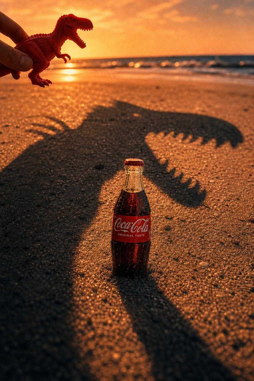 GPT Image 2 render: the toy dinosaur's shadow, jaws open right over the cola bottle's cap, on a golden-hour beach