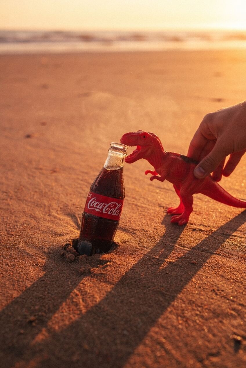 Nano 2 Lite render: a hand and a red toy dinosaur beside the cola bottle, its shadow across the sand