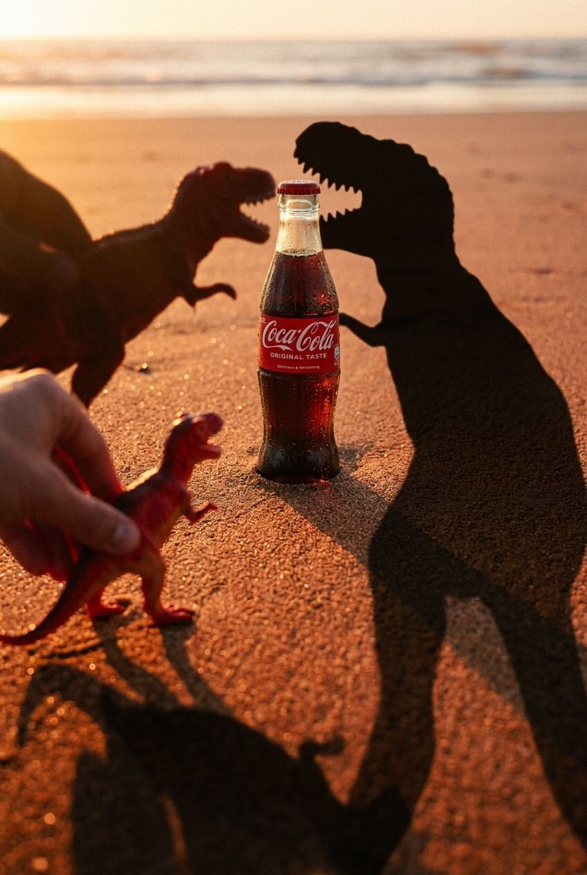 Nano 2 render: two dinosaur shadows stretching across the sand toward the cola bottle at golden hour