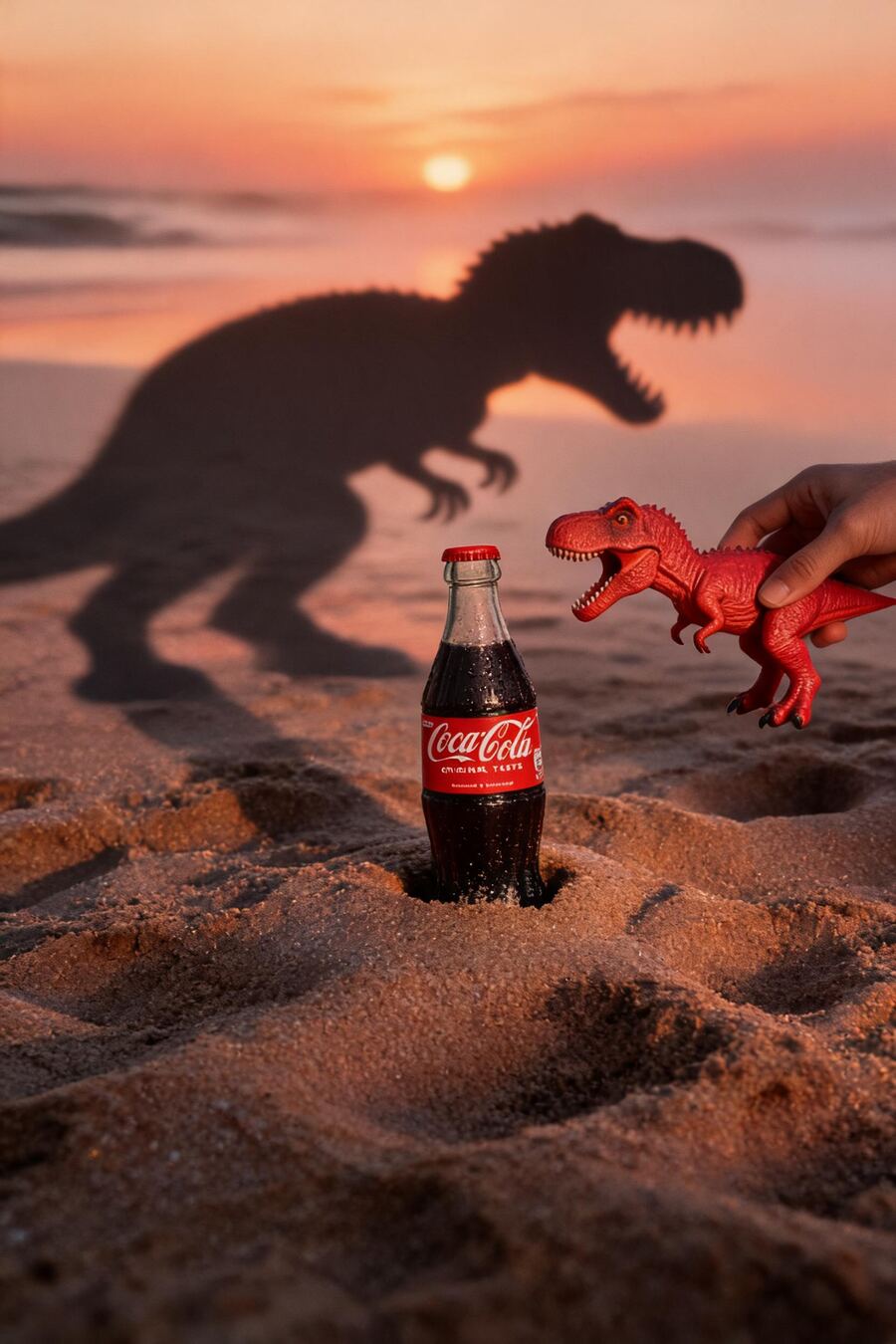 Seedream 5.0 Lite render: a silhouetted dinosaur shadow across a sunset beach beside the cola bottle