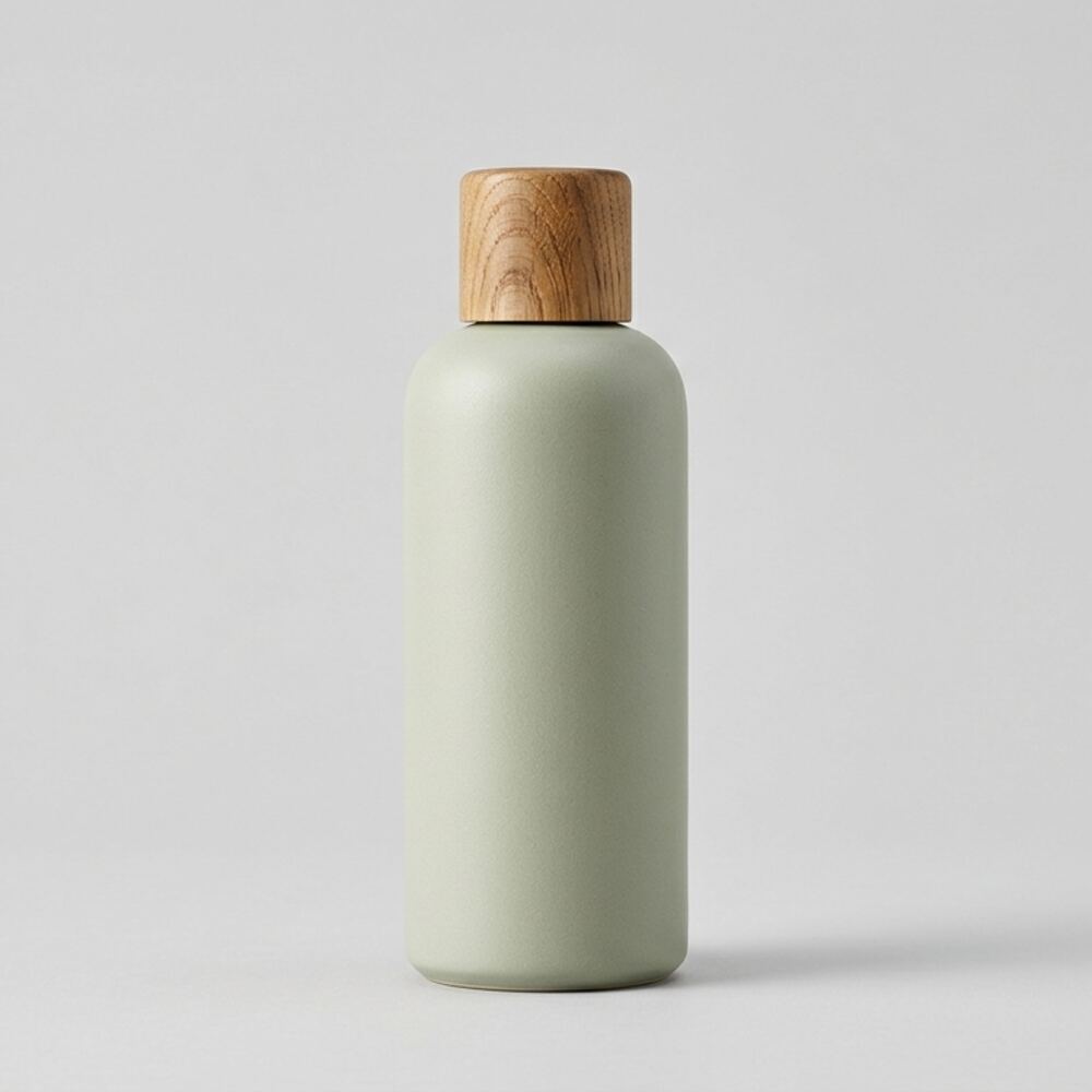 A sage-green ceramic bottle with an oak cap, centred on a plain light grey studio background under even lighting