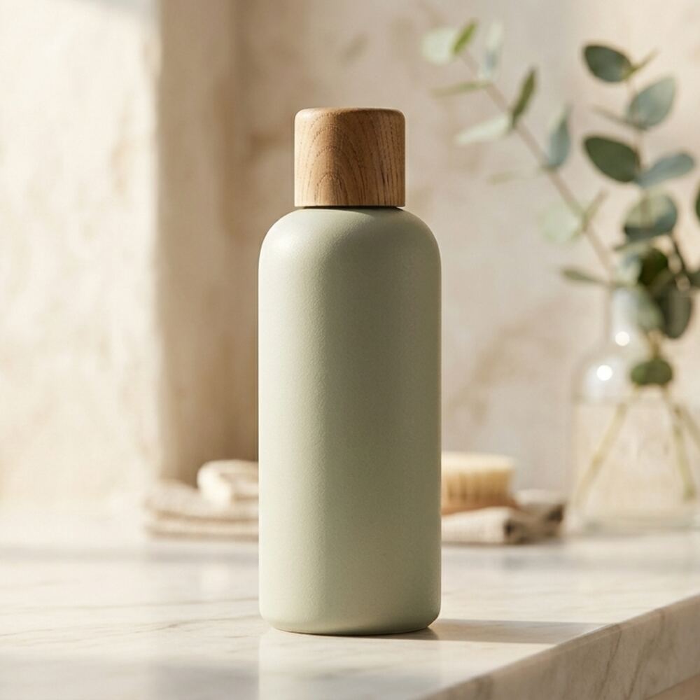 The same bottle on a marble bathroom shelf in warm morning light, with eucalyptus stems behind it