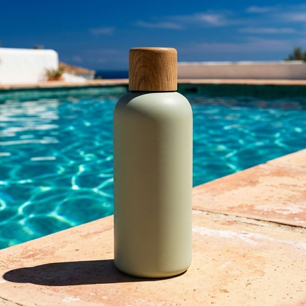 The same bottle on a terracotta ledge beside a swimming pool in hard midday sun
