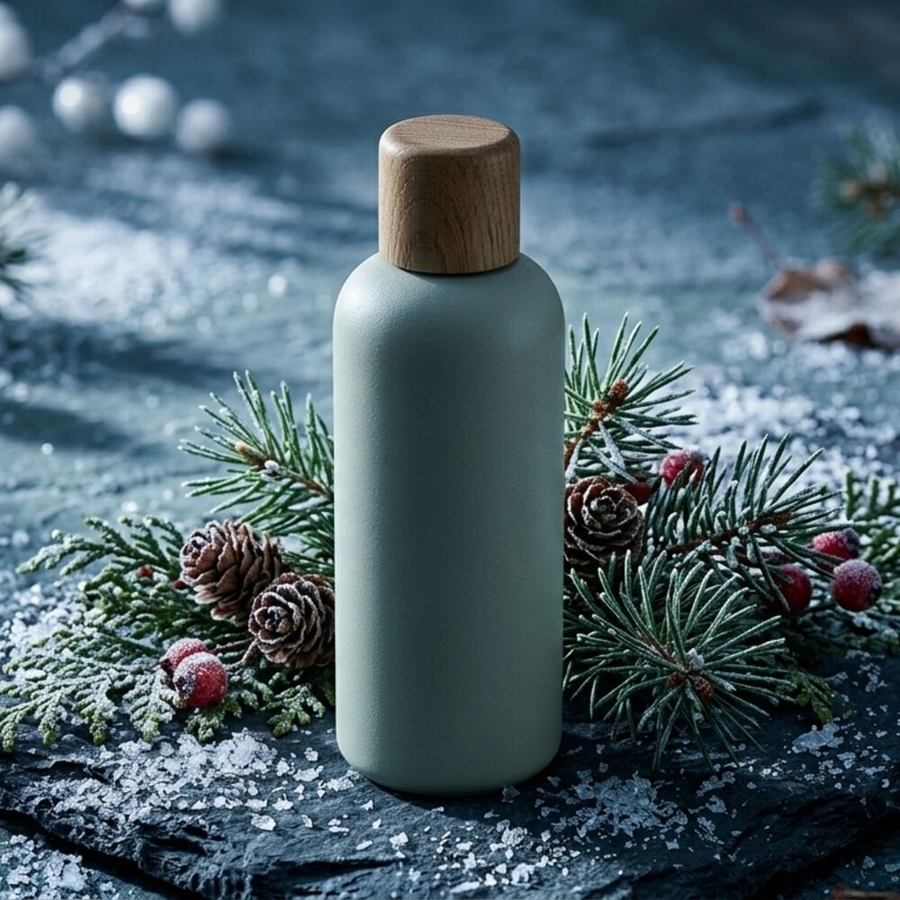 The same bottle on frosted dark slate with pine sprigs and berries, lit in cool low winter light