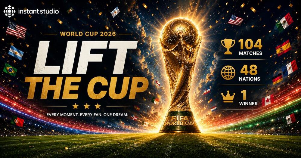 Instant Studio's WC2026 activation banner: the World Cup trophy under stadium lights beside the line 'Lift the Cup'