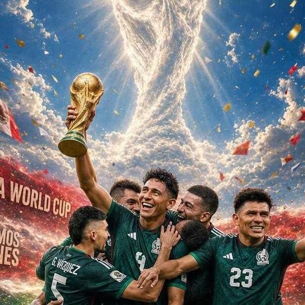 AI-generated congratulations artwork: Mexico's players celebrating with the World Cup trophy in a storm of confetti