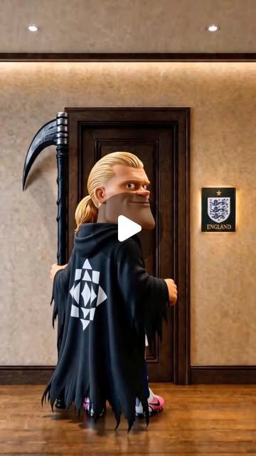 AI-generated meme still: a cartoon striker dressed as the grim reaper with a scythe, calling at a dressing-room door marked England, Instant Studio mark on the cloak