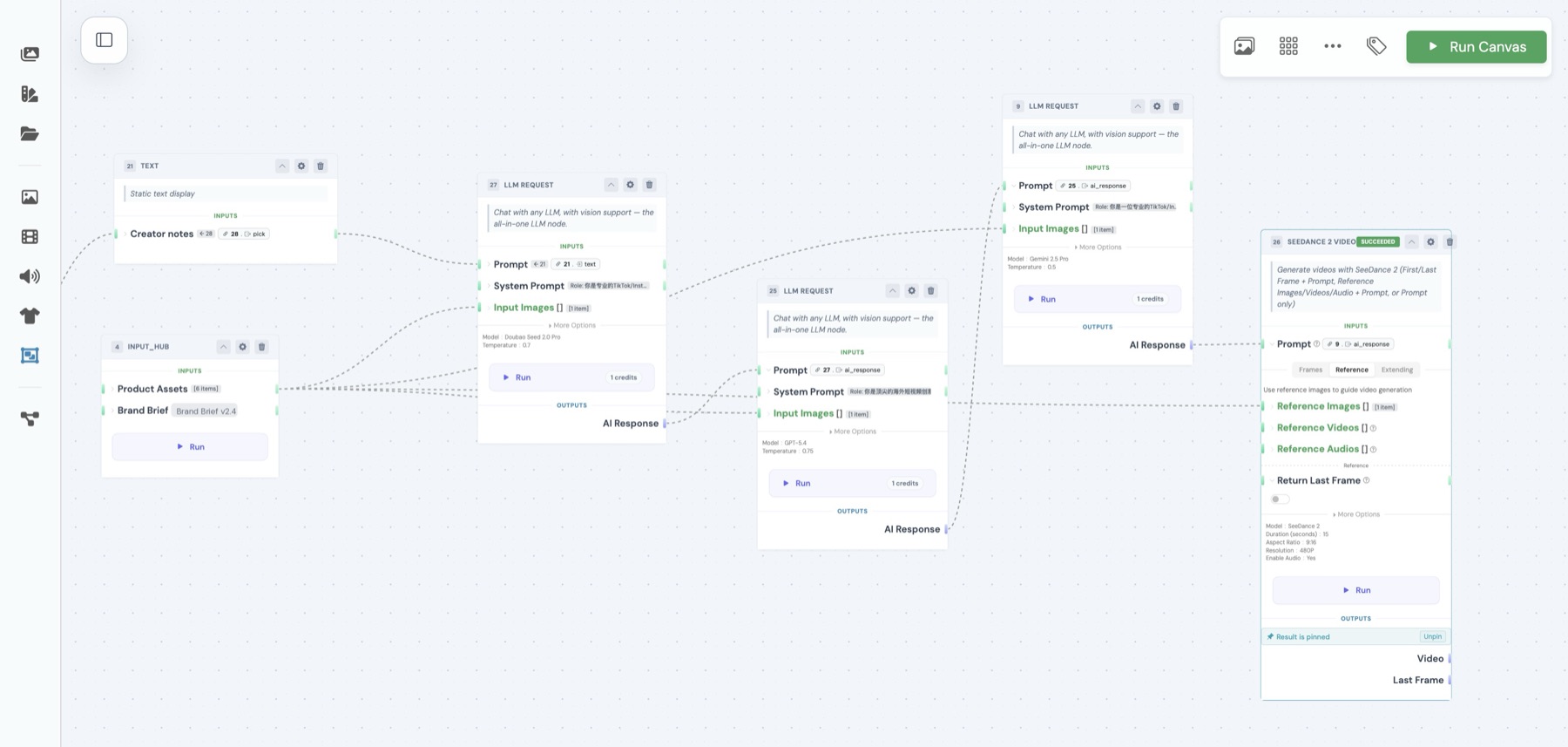 A production Canvas in ToolKit: connected nodes running from an input hub with product assets and a brand brief through LLM steps to a video generation node