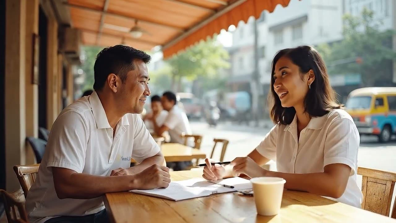 Opening frame of Sun Life's We Care film: a Sun Life advisor in a lantern-lined street